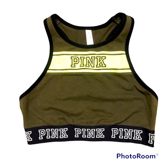 Victoria Secret Crop Top Sports Bra Black Olive Neon Women’s Size Small - Picture 1 of 7